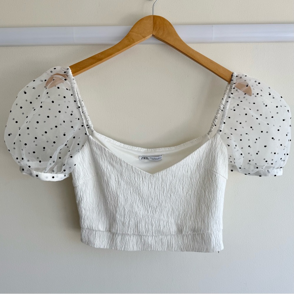 ZARA | White Crop Top w/Sheer Puff Sleeves